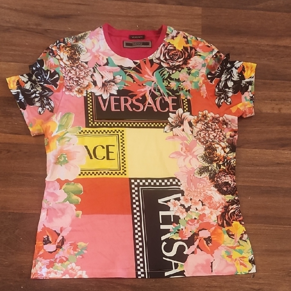 Versace Vibrant Floral Patchwork Tee - Pink Yellow Orange Green Black